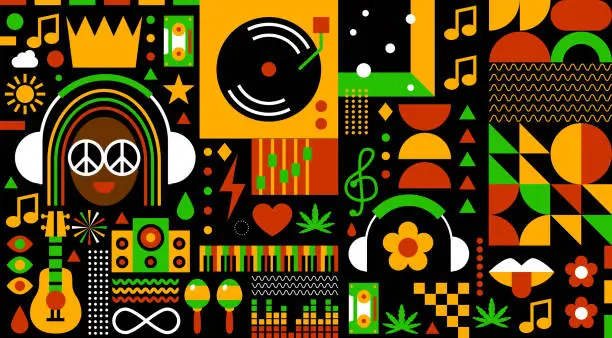 Vector illustration of Rastafarian background. Reggae music design for reggae party, festival, radio station or rastafarian bar. Jamaican style music festival. Simple flat design for reggae event