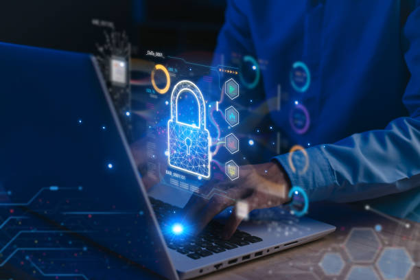 istock Internet security. Fingerprint scanning unlocks and access to. Username and password. User use laptop login with biometric identification, encryption for technology cyber and networking system 1496437176