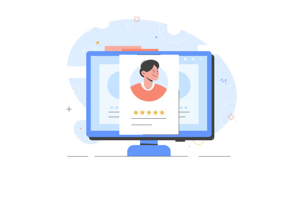 Search employee for company based on rating on computer screen. Searching through web page vector illustration. Job interview online resume employees rating hr Search employee for company based on rating on computer screen. Searching through web page vector illustration, flat cartoon. Job interview online resume employees rating hr image based social media stock illustrations