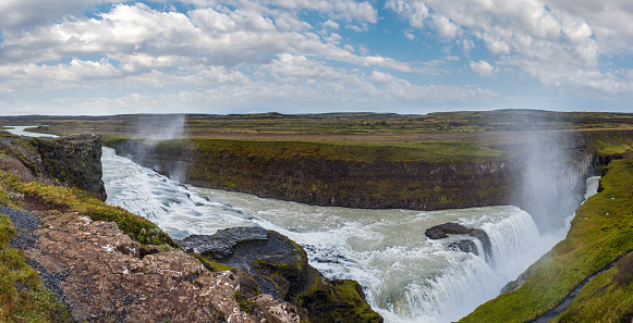 Picturesque full of water big waterfall Gullfoss autumn view, southwest Iceland.