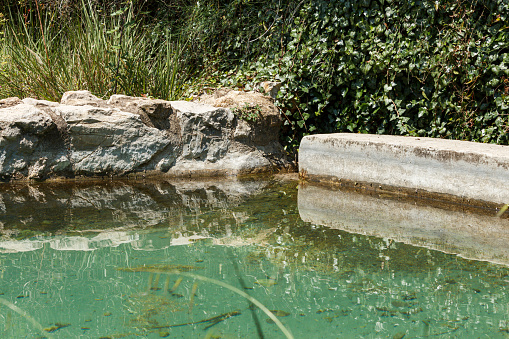 Irrigation pond in the Font de Boteros collecting transparent spring water, Lorxa, Spain