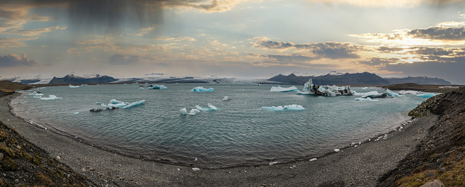 Jokulsarlon glacial lake, lagoon with ice blocks, Iceland. Situated near the edge of the Atlantic Ocean at the head of the Breidamerkurjokull glacier, Vatnajokull icecap or Vatna Glacier.