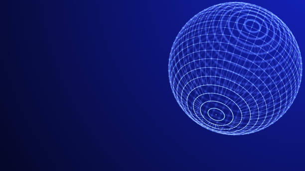 Abstract 3d sphere. Mesh of sphere with points and lines on dark background. Science and technology 3d rendering.