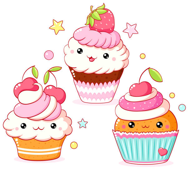 Conjunto de sobremesas doces fofas em estilo kawaii com rosto sorridente e bochechas rosas. Bolo, muffin e cupcake com chantilly, cereja e morango - ilustração de arte em vetor