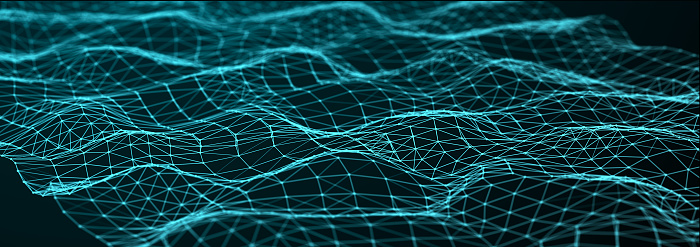 Digital technology background. Abstract wave with connected dots and lines. Technology or Science Banner. 3Drendering. Widescreen