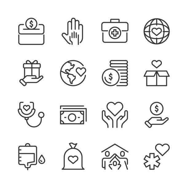 Charity & Donation Icons — Monoline Series Vector line icon set appropriate for web and print applications. Designed in 48 x 48 pixel square with 2px editable stroke. Pixel perfect. earth first aid stock illustrations