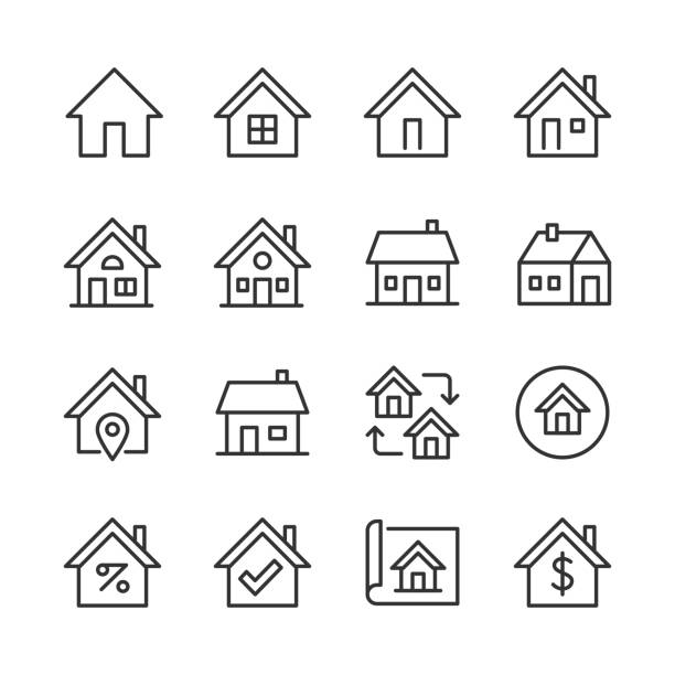 Home Icons — Monoline Series Vector line icon set appropriate for web and print applications. Designed in 48 x 48 pixel square with 2px editable stroke. Pixel perfect. residential building stock illustrations