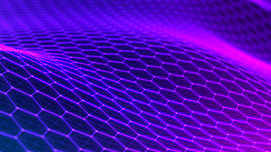 Neon light. Technology background. Honeycomb concept. Big data. Hexagonal space with connected dots and lines. 3d rendering