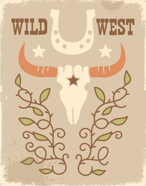 istock Wild West vintage poster with cow bull and horseshoe decoration. Vector cowboy rodeo background on old paper texture 1496447038
