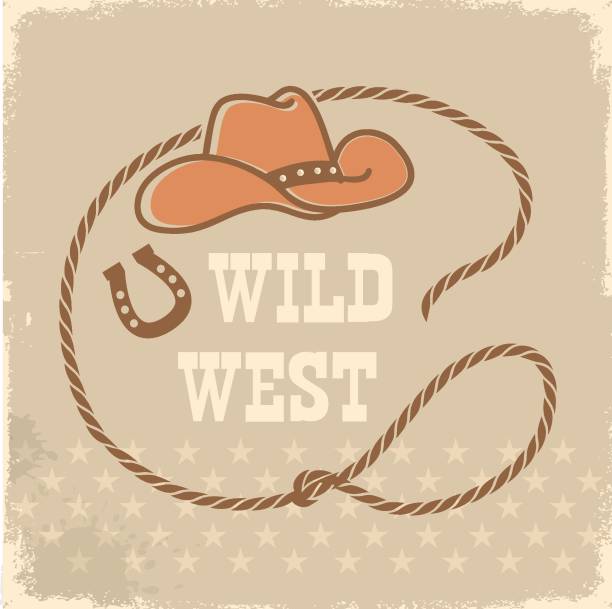 kuvapankkikuvitukset aiheesta köysirunko, cowboy-hattu ja lasso vintage-rodeotaustalla. vektorin villin lännen kuva vanhalla paperitekstuurilla - lasso