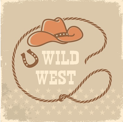 Rope frame with cowboy hat and lasso on vintage rodeo background. Vector wild west illustration on old paper texture.