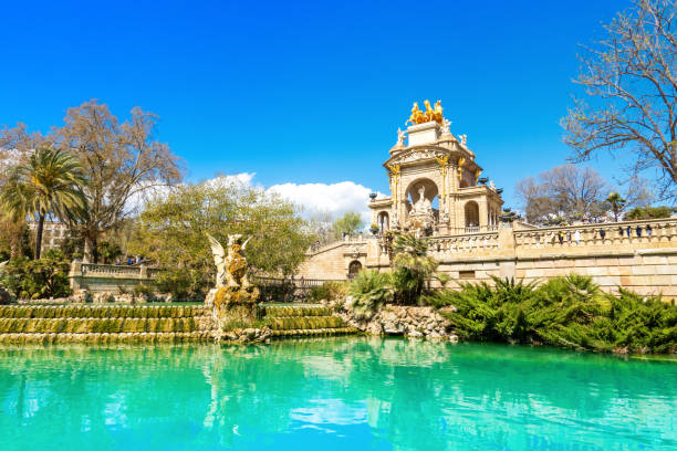 Fountain Cascada Monumental with arch and sculptural group stock photo