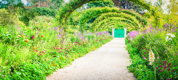 Gverny green garden gallery with pathway, web banner format