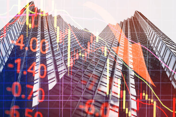 istock Office building with business and finance overlay graph 1496450252