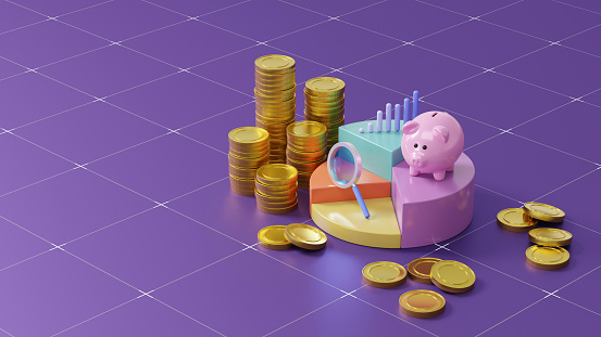 Income and expense analysis, concept. 3D Round diagram, golden coins, piggy bank, magnifying glass and stock chart.