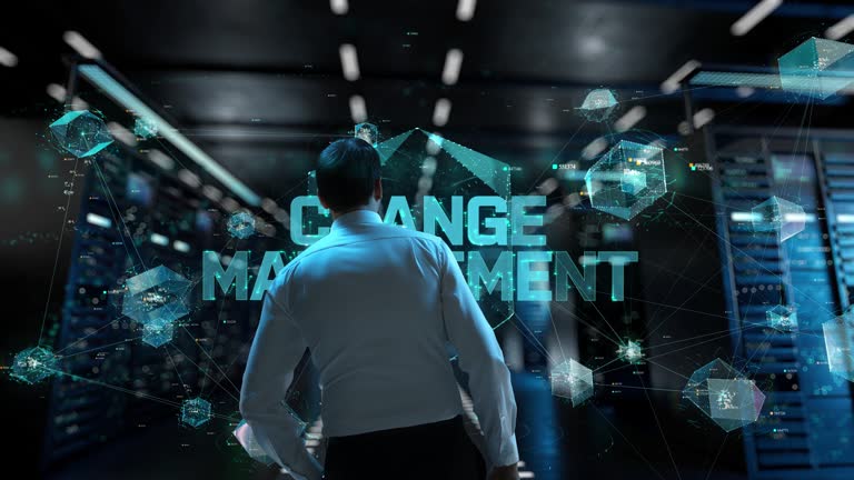 Change Management. IT Administrator Activating Modern Data Center Server with Hologram.