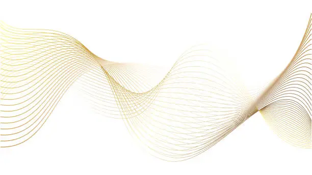 Vector illustration of 3d wavy gold lines swoosh on white background. Luxury beauty thin curves, swirl as stream flow pattern. Soft geometric shapes as silk fiber or fablic shiny decoration.