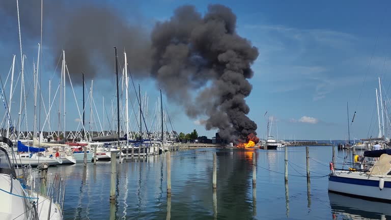 Fire. The boat is on fire at the boat station.