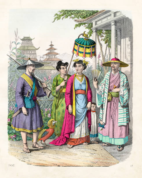 ilustrações de stock, clip art, desenhos animados e ícones de china and its inhabitants - very rare plate from "book of the world" 1852 - 18639