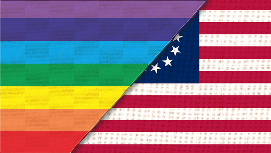 Flags of Betsy Ross and LGBT. Symbol of Betsy Ross and lgbt. Fabric Texture. sexual concept. Flags of Betsy Ross. flag of sexual minorities on fabric surface. Two flags on fabric surface