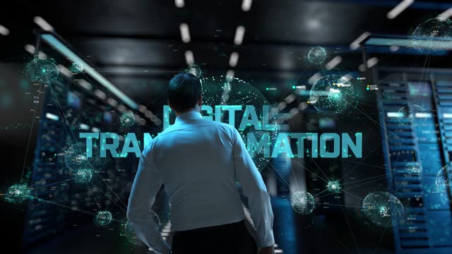 Digital Transformation. IT Administrator Activating Modern Data Center Server with Hologram.