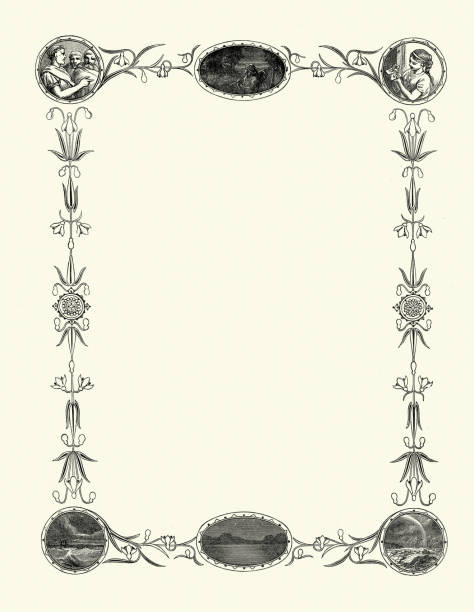 ilustracja w stylu vintage ramka kwiatowa i obrazkowa, element projektu, styl wiktoriański, 19th century - nostalgia frame obsolete certificate stock illustrations