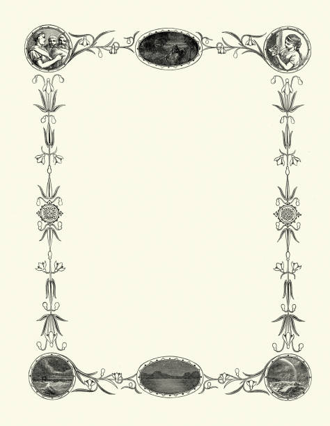 винтажная иллюстрация цветочная и картинная рамка, элемент дизайна, викторианский стиль, стиль 19 века - nostalgia frame obsolete certificate stock illustrations