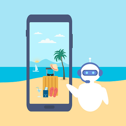 Vacation And Online Booking Concept With Chatbot. Artificial Intelligence In Tourism. Chatbot Showing Seaview, Luggage And Passport On mobile Phone Screen
