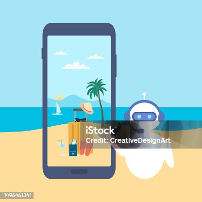 istock Vacation And Online Booking Concept With Chatbot. Artificial Intelligence In Tourism. Chatbot Showing Seaview, Luggage And Passport On Mobile Phone Screen 1496461341