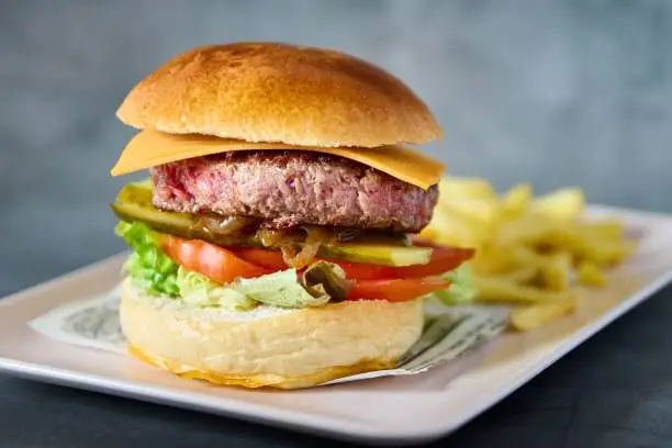 An isolated image of a hamburger with a side of crunchy pickles and a pile of golden French fries arranged in a classic side-dish style