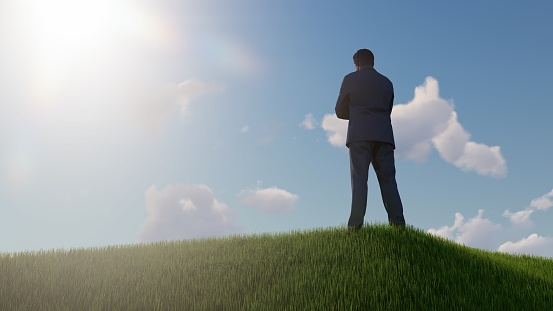 Happy Businessman outdoors on a grassy hill