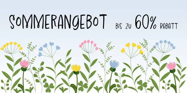 Vector illustration of Sommerangebot bis zu 60% Rabatt - text in German language - Summer offer up to 60% off. Sales banner with flowers in pastel colors.