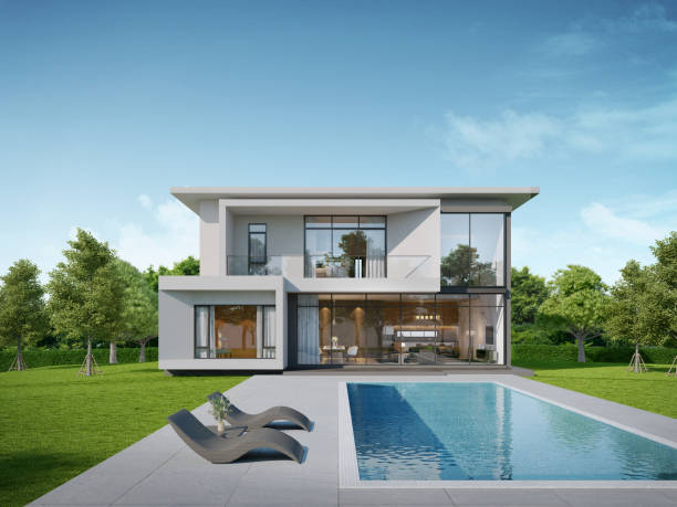 istock Modern house exterior with swimming pool and deck.3d rendering 1496465990