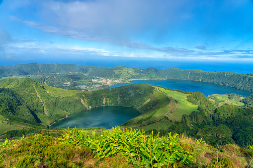 High angle view from the viewpoint around the caldera on São Miguel island in the Azores