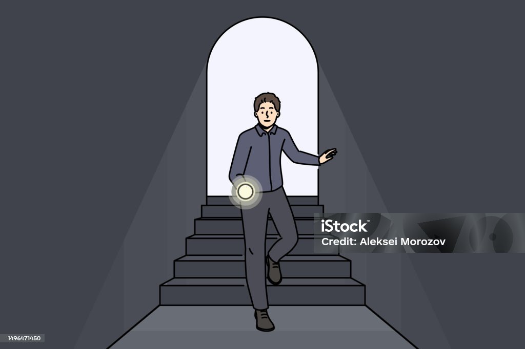 Scaredness Scared Man With Flashlight Walk In Darkness Stock Illustration ...