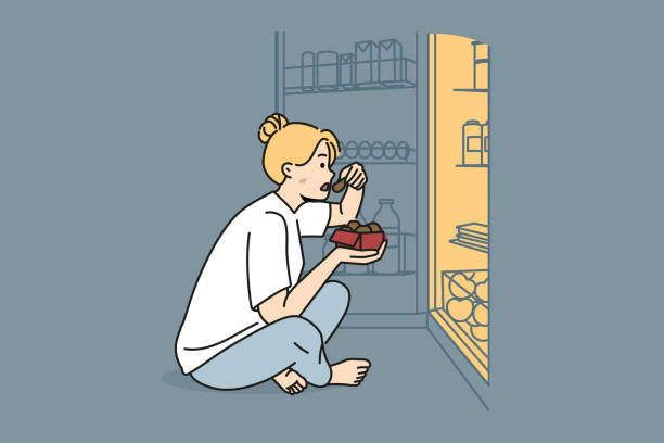 Woman near fridge eating at night Woman sit on floor near fridge eating at night. Hungry girl near refrigerator suffer from eating disorder. Diet and nutrition problem. Vector illustration. terrible meal stock illustrations