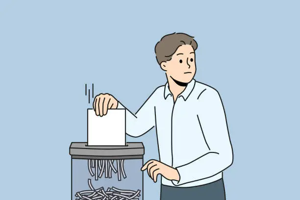 Vector illustration of Businessman put document in shredder