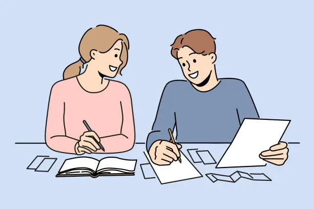 Vector illustration of Smiling couple sit at desk managing finances