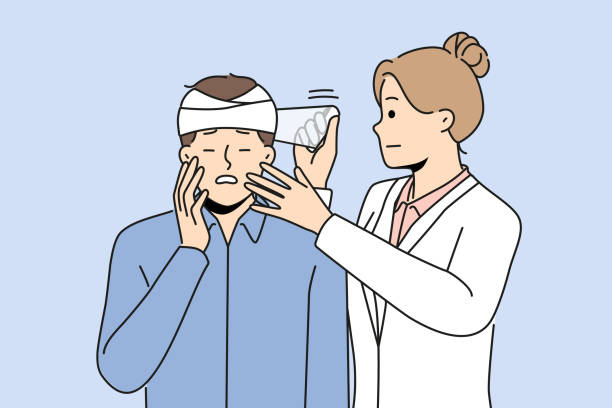 ilustrações, clipart, desenhos animados e ícones de médico colocou curativo em homem com traumatismo craniano - physical injury hospital cast doctor