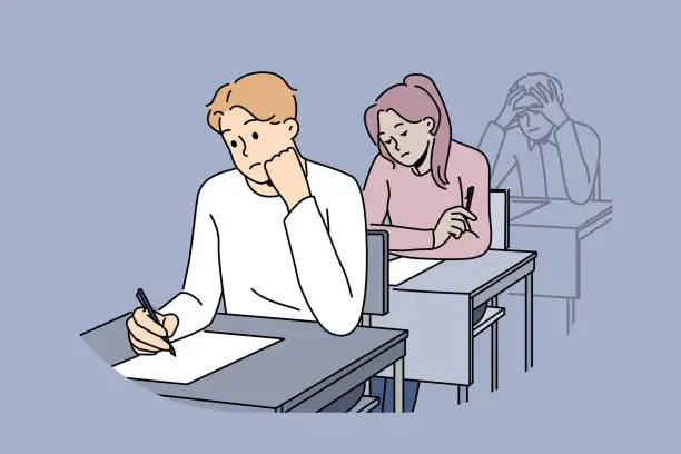 Vector illustration of Distressed students write on exam in school