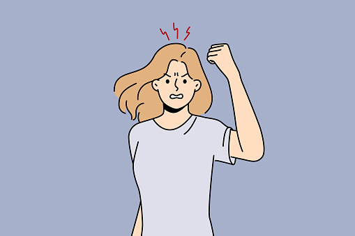 Angry woman showing fist feeling furious and enraged. Mad female showing emotions having bad unpleasant experience. Vector illustration.