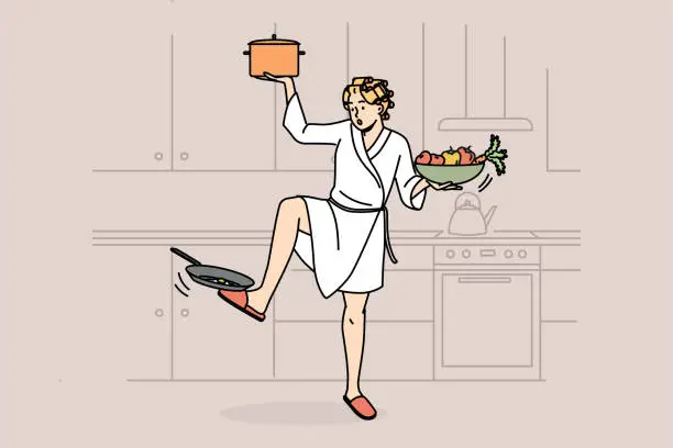 Vector illustration of Woman in bathrobe multitask with household chores