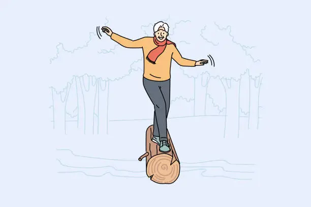 Vector illustration of Smiling elderly man walk on wood log