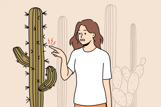 Vector illustration of Stressed woman touching cactus plant in desert