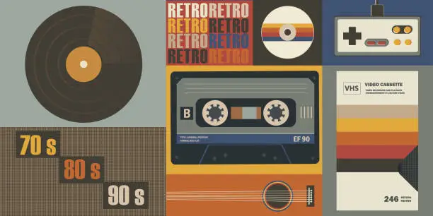 Vector illustration of Various old-fashioned items on a retro background. Concept retro or vintage background