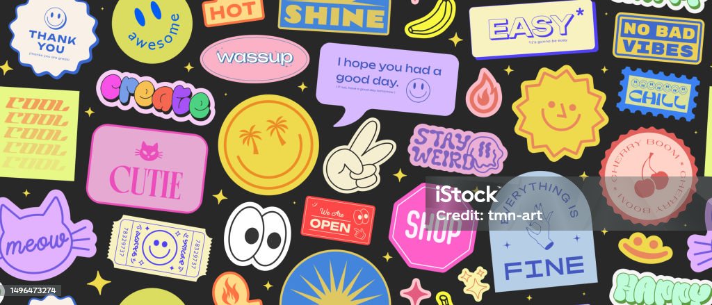 Cool Trendy Retro Stickers With Faces Cartoon Comic Label Patches Funky  Hipster Retrowave Stickers In Geometric Shapes Vector Illustration Of Y2k  90s Graphic Design Badges Stock Illustration - Download Image Now - iStock