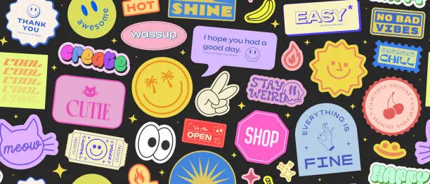 Vector illustration of Cool Stickers Collage Y2K Seamless Pattern. Trendy patches background retro style. Pop Art Graphic Elements.