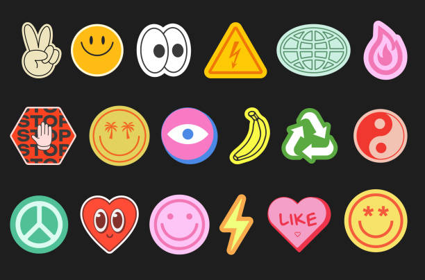 ilustrații de stoc cu set de y2k autocolante vector design. cool pop art elemente. patch-uri trendy. comic retro grafica. emoji personaj de desene animate. - autocolant