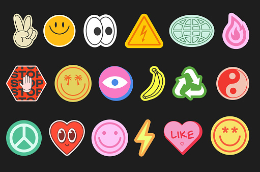 Set Of Y2k Stickers Vector Design. Cool Pop Art Elements. Trendy Patches. Comic Retro Graphics. Cartoon Character Emoji.