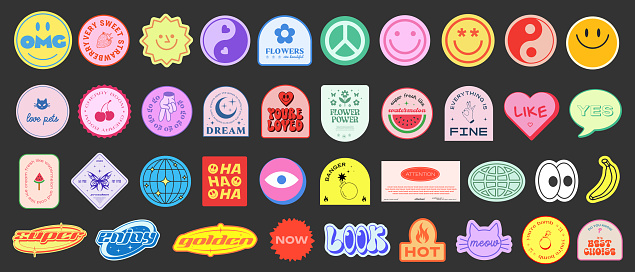 Set Of Y2k Stickers Vector Design. Cool Pop Art Elements. Trendy Patches. Retro Badges Graphics. Geometric Shapes.